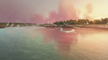 Movie still from “Planes” (2013), directed by Klay Hall – A painting of a body of water with trees in the background; Extreme Wide shot, High angle