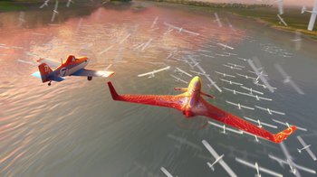 Movie still from “Planes” (2013), directed by Klay Hall – A red and white plane flying over a body of water; Extreme Wide shot, Overhead angle