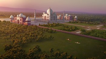 Movie still from “Planes” (2013), directed by Klay Hall – An aerial view of the taj mahal in agra , india; Extreme Wide shot, High angle
