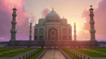 Movie still from “Planes” (2013), directed by Klay Hall – A view of the taj mahal from across the street; Extreme Wide shot, Low angle