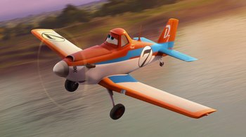 Movie still from “Planes” (2013), directed by Klay Hall – An airplane flying through the air on a sunny day; Wide shot, Low angle
