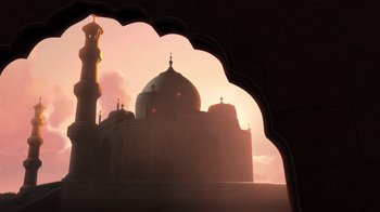 Movie still from “Planes” (2013), directed by Klay Hall – A view of a mosque from a window; Extreme Wide shot, Low angle