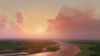 Movie still from “Planes” (2013), directed by Klay Hall – An aerial view of a body of water with a sunset in the background; Extreme Wide shot, High angle
