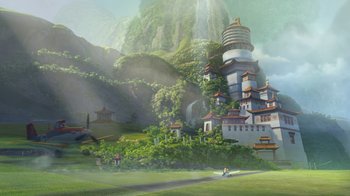 Movie still from “Planes” (2013), directed by Klay Hall – An artistic painting of a castle on a hill; Extreme Wide shot, Low angle