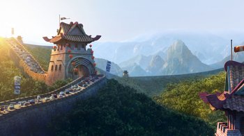 Movie still from “Planes” (2013), directed by Klay Hall – An image of an asian castle on a mountain top; Extreme Wide shot, Low angle