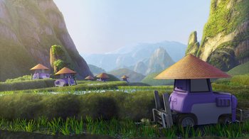Movie still from “Planes” (2013), directed by Klay Hall – An animated scene of a purple car in the middle of a grassy field; Extreme Wide shot, Low angle