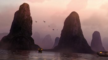 Movie still from “Planes” (2013), directed by Klay Hall – A boat traveling on a body of water next to mountains; Extreme Wide shot, Low angle
