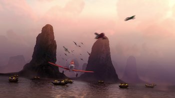 Movie still from “Planes” (2013), directed by Klay Hall – An airplane flying over a body of water; Extreme Wide shot, High angle