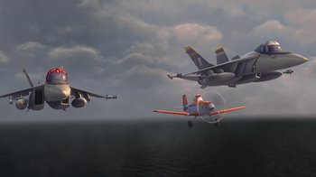 Movie still from “Planes” (2013), directed by Klay Hall – A group of fighter jets flying over a body of water under a cloudy sky; Extreme Wide shot, Overhead angle