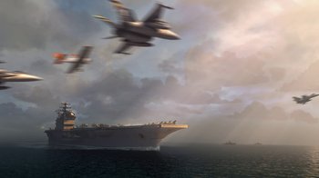 Movie still from “Planes” (2013), directed by Klay Hall – An aircraft carrier and fighter jets flying in the sky; Extreme Wide shot, Low angle