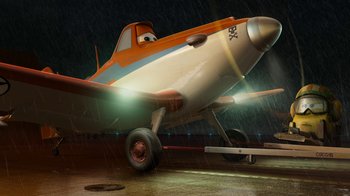 Movie still from “Planes” (2013), directed by Klay Hall – An animated plane is in the rain with its wheels down; Wide shot, Low angle