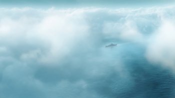 Movie still from “Planes” (2013), directed by Klay Hall – A boat floating on top of a large body of water; Extreme Wide shot, High angle