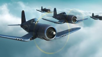 Movie still from “Planes” (2013), directed by Klay Hall – A group of fighter jets flying through the air; Extreme Wide shot, Overhead angle