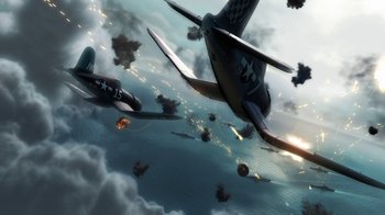Movie still from “Planes” (2013), directed by Klay Hall – An image of an air force plane flying in the sky; Extreme Wide shot, High angle