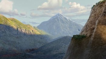 Movie still from “Planes” (2013), directed by Klay Hall – A painting of a mountainous area with a person riding a skateboard on a ramp; Extreme Wide shot, Low angle