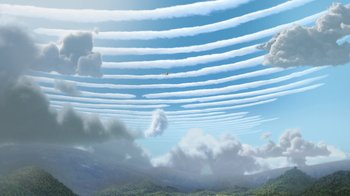 Movie still from “Planes” (2013), directed by Klay Hall – A painting of a sky filled with lots of clouds; Extreme Wide shot, Low angle