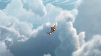 Movie still from “Planes” (2013), directed by Klay Hall – An airplane is flying through the cloudy sky; Extreme Wide shot, Low angle