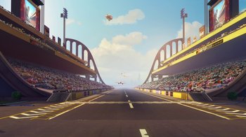 Movie still from “Planes” (2013), directed by Klay Hall – An empty race track with spectators in the stands; Extreme Wide shot, Low angle