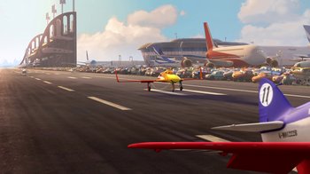 Movie still from “Planes” (2013), directed by Klay Hall – An airplane is parked on a runway in front of an airport terminal; Extreme Wide shot, Low angle