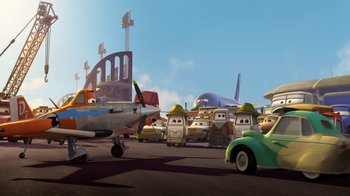 Movie still from “Planes” (2013), directed by Klay Hall – A bunch of cars that are in a parking lot; Extreme Wide shot, Low angle