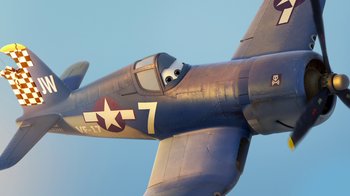 Movie still from “Planes” (2013), directed by Klay Hall – An old fighter plane with a face in the cockpit of it; Wide shot, Low angle