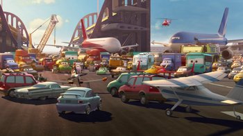 Movie still from “Planes” (2013), directed by Klay Hall – An animated scene of a busy street with cars and airplanes; Extreme Wide shot, High angle