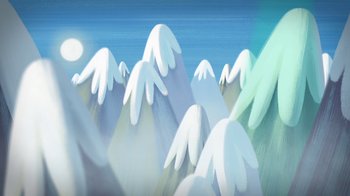 Movie still from “Planes” (2013), directed by Klay Hall – View of a painting of snow covered mountains; Extreme Wide shot, Low angle