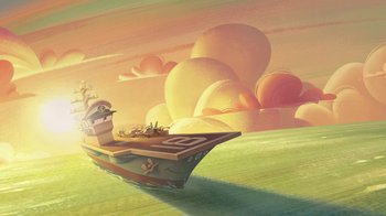Movie still from “Planes” (2013), directed by Klay Hall – An animated ship in the middle of the ocean; Extreme Wide shot, Low angle