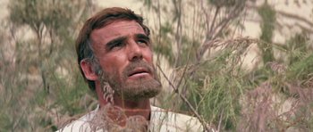 Movie still from “Planet of the Apes” (1968), directed by Franklin J. Schaffner – An old man with a beard looking up in a field of tall grass; Close Up shot, Low angle