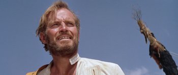 Movie still from “Planet of the Apes” (1968), directed by Franklin J. Schaffner – A man with a beard is looking up at the sky; Close Up shot, Low angle