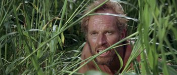 Movie still from “Planet of the Apes” (1968), directed by Franklin J. Schaffner – A person with a beard in the grass; Close Up shot, Low angle