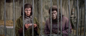 Movie still from “Planet of the Apes” (1968), directed by Franklin J. Schaffner – A couple of people that are in a cage together; Medium shot, Low angle