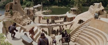 Movie still from “Planet of the Apes” (1968), directed by Franklin J. Schaffner – A group of people standing on top of a hill; Extreme Wide shot, High angle