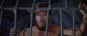 Movie still from “Planet of the Apes” (1968), directed by Franklin J. Schaffner – A man with blue eyes looking through a fence; Close Up shot, High angle