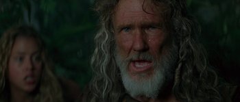 Movie still from “Planet of the Apes” (2001), directed by Tim Burton – An old man with long white hair and a beard; Close Up shot, Low angle