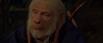 Movie still from “Planet of the Apes” (2001), directed by Tim Burton – An old man with white hair and a long white beard; Close Up shot, High angle