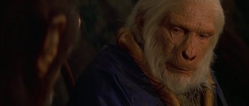 Movie still from “Planet of the Apes” (2001), directed by Tim Burton – An old man with white hair and a long white beard; Close Up shot, Over the shoulder angle