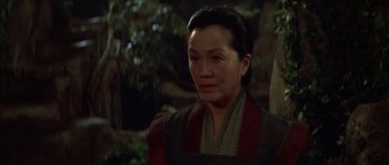 Movie still from “Planet of the Apes” (2001), directed by Tim Burton – A woman wearing a kimono looking to her left; Close Up shot, Over the shoulder angle