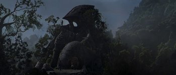 Movie still from “Planet of the Apes” (2001), directed by Tim Burton – A large stone structure in the middle of a forest; Extreme Wide shot, Low angle