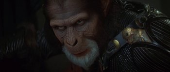 Movie still from “Planet of the Apes” (2001), directed by Tim Burton – An old man with long hair and a long beard; Close Up shot, High angle