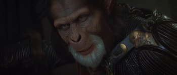Movie still from “Planet of the Apes” (2001), directed by Tim Burton – An old man with long hair and a beard; Close Up shot, High angle