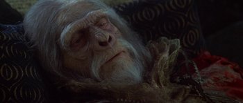 Movie still from “Planet of the Apes” (2001), directed by Tim Burton – An old man with long white hair and a long beard; Close Up shot, High angle