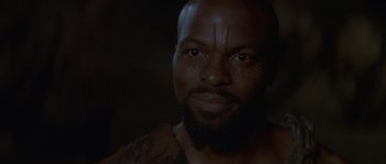 Movie still from “Planet of the Apes” (2001), directed by Tim Burton – A person with a beard looking at the camera; Close Up shot, Low angle