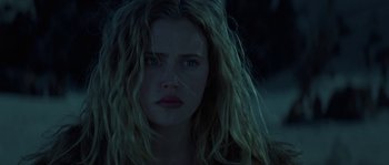 Movie still from “Planet of the Apes” (2001), directed by Tim Burton – A person with long blonde hair; Close Up shot, Low angle