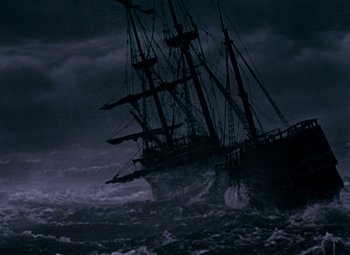 Movie still from “Plymouth Adventure” (1952), directed by Clarence Brown – A ship in the middle of the ocean at night; Extreme Wide shot, Low angle