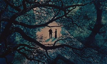 Movie still from “Pollyanna” (1960), directed by David Swift – Two people standing under a tree looking at each other; Extreme Wide shot, High angle