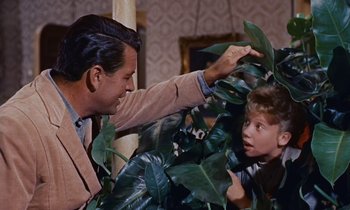 Movie still from “Pollyanna” (1960), directed by David Swift – A man and a boy are playing with plants; Medium shot, Over the shoulder angle