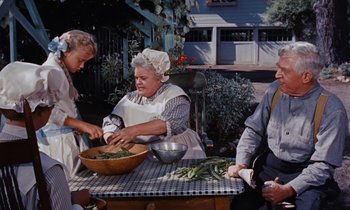 Movie still from “Pollyanna” (1960), directed by David Swift – An older woman and two older men sitting at a table with a bowl of green beans; Medium shot, High angle