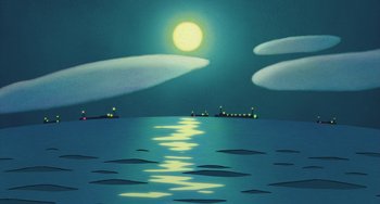 Movie still from “Ponyo” (2008), directed by Hayao Miyazaki – A painting of a full moon rising over the ocean; Extreme Wide shot, Low angle