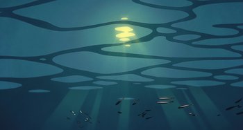 Movie still from “Ponyo” (2008), directed by Hayao Miyazaki – A view of the sun shining through the water from below; Extreme Wide shot, Overhead angle